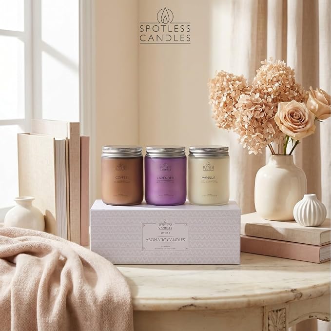 Aromatic Candles Three Pack - 3 x 8 oz Cotton Wick Candles Coloured Fosted Jars - Vanilla, Lavender and Coffee, Classic Candle Set for Men and Women by Spotless Leopard