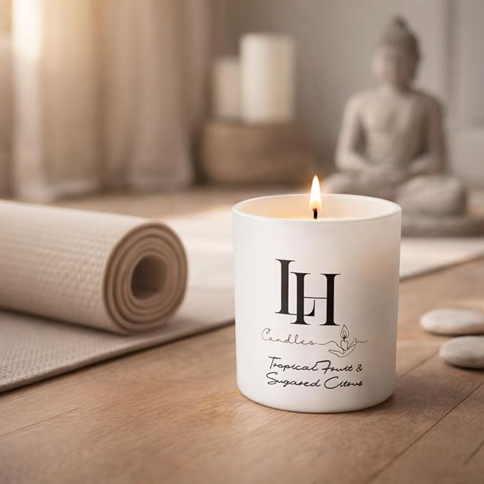LH Tropical Fruit and Sugared Citrus Scented Candle – Non-Toxic Organic Soy Wax, Highly Scented Relaxing Candle for Men and Women, Summer Home Gift