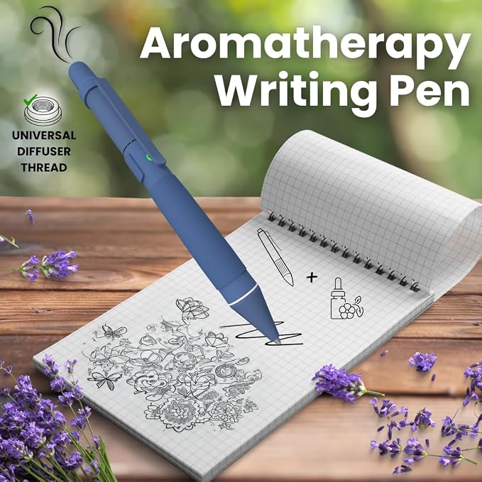 Aromatherapy Writing Pen Battery with Real Ink Tip and Hidden Diffuser Port, Soft Touch Ballpoint for Note Taking, Signature, and On-The-Go Relaxation, Rechargeable Wellness Gift for Office (Blue)