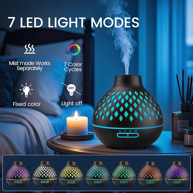 Aeshory Aromatherapy Diffuser & 12 Essential Oils Set, 550ML Aromatherapy Diffuser for Home, Ultrasonic Cool Mist Humidifier with Remote Control 4 Timer 7 Color LED Light, Waterless Auto Off, Dark