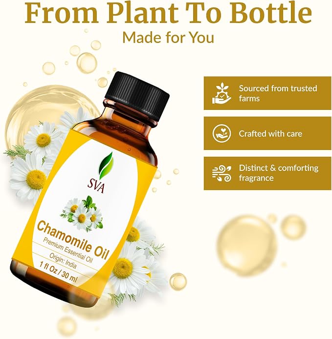 SVA Chamomile Essential Oil – 1 Fl Oz – 100% Natural Chamomile Oil - for Diffuser, Hair Care, Face, Skin Care, Aromatherapy, Scalp and Body Massage, Soap and Candle Making – with Dropper