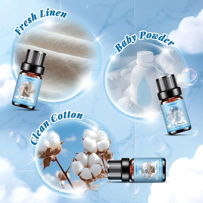 Essential Oils Set, Clean Scents Fragrance Oil Aromatherapy Essential Oils Kit for Diffuser (6x10ML) - Baby Powder, Bedtime Bath, Clean Cotton, Eucalyptus & Mint, Fresh Home, Fresh Linen Scented Oil