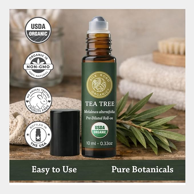 Silk Road Organic Tea Tree Essential Oil Roll On for Healthy Clear Skin, Nail Care & Foot Care - 100% Pure USDA Certified 10 ml Roller