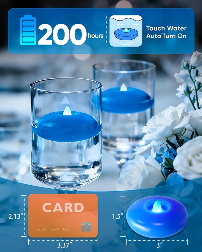 Homemory 12 Pack 3” Flameless Led Floating Candles, 200 Hour Blue Battery Operate Waterproof Tealights for Cylinder Vases, Centerpieces at Wedding Decor, Party, Pool