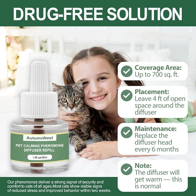 Cat Calming Pheromone Diffuser Refills, 4 Pack 48ml, Helps Relieve Cat Anxiety, Reduce Stress, Aggression, Fighting, Spraying, Scratching, Supports Cats During Vet Visits, Travel, Multi-Cat Homes