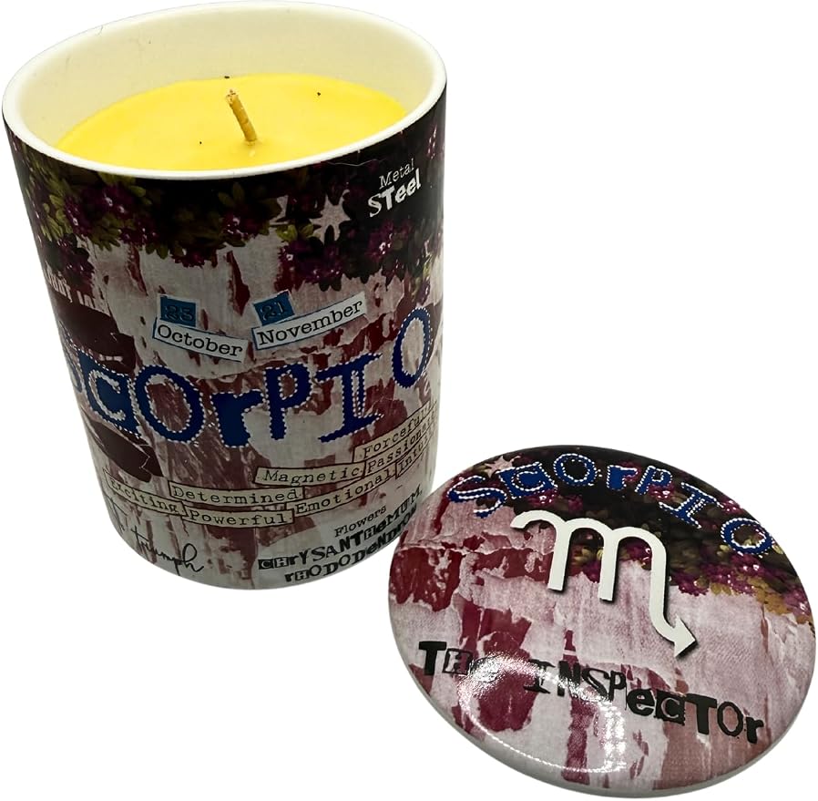 Scorpio Soy Candle (Scented Soy Candle in Ceramic Jar 12.3 oz, Zodiac Themed, Clean Burning and Soothing Jasmine Scent to Promote Relaxation and Positivity, 80 Hour Burn time, Reusable jar)