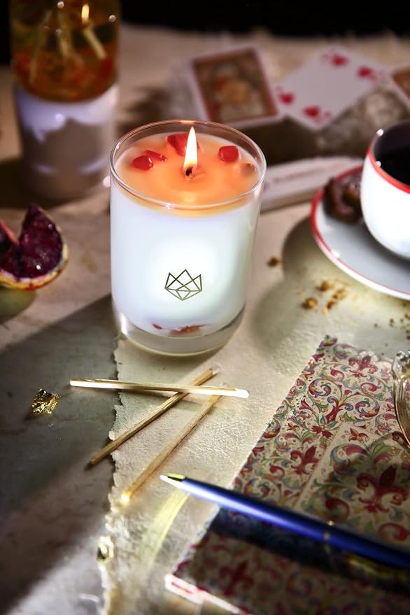 Luxury Glass Jar Candle, 14.5 OZ, Energy - Red Carnelian Healing Crystal Infused - Scents of Lemon, Grapefruit, & Bergamot - Passion, Confidence, & Vitality - Coconut Wax, Essential Oil