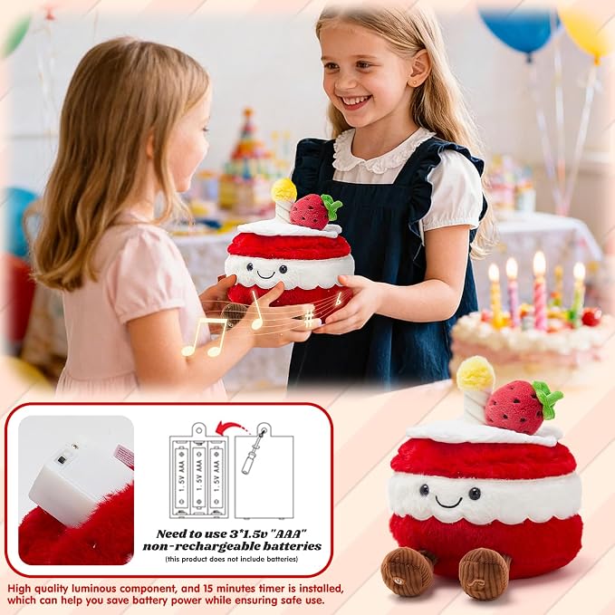 WEWILL Light up Birthday Cake Plush Toy Musical Cute Cake Pillow Stuffed Animals with Legs Strawberry Funny Plushie for Girls,Kids,Boys,8"