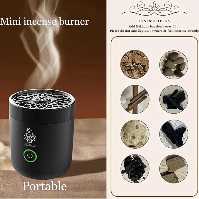 Luxury Electric Bakhoor Burner 2025 Portable USB Type-C Rechargeable Mini Incense Diffuser Arabic bakhoor Muslim Incense Holder for Car and Home,Mb2 Black