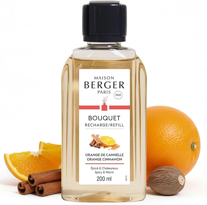 MAISON BERGER 200ml/6.76 fl. oz. Orange Cinnamon Reed Diffuser Refill, Clear | Fragrance Refill for Reed and Ceramic Diffusers, Passive Diffusion, ~6 Weeks, No Flame or Electricity, Made in France