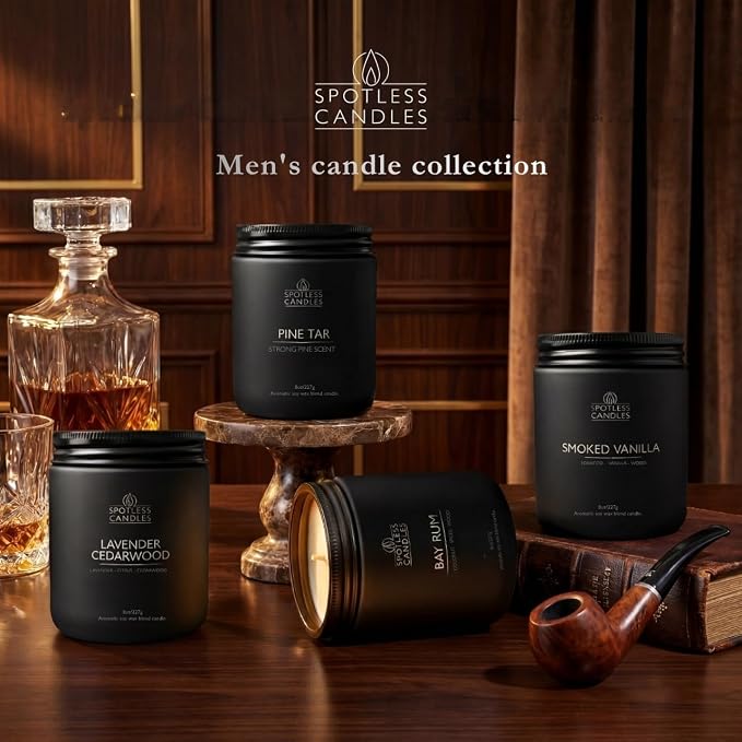 Men's Candle Gift Set; 4 x 8oz Scented Candles; Bay Rum, Pine Tar, Smoked Vanilla, Lavender Cedarwood; 200 Hours Burn Time; Matte Black Glass Jars; Premium Black Gift Box by Spotless Candles