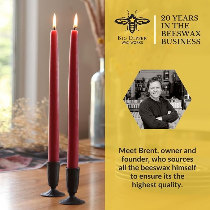 Big Dipper Wax Works Red Hand-Dipped Beeswax Taper Candles – 12” x 7/8”, 2-Pack, 100% Pure Beeswax, Long Burning, Clean, Cotton Wick, Handmade in USA, Home Décor & Wedding Candles