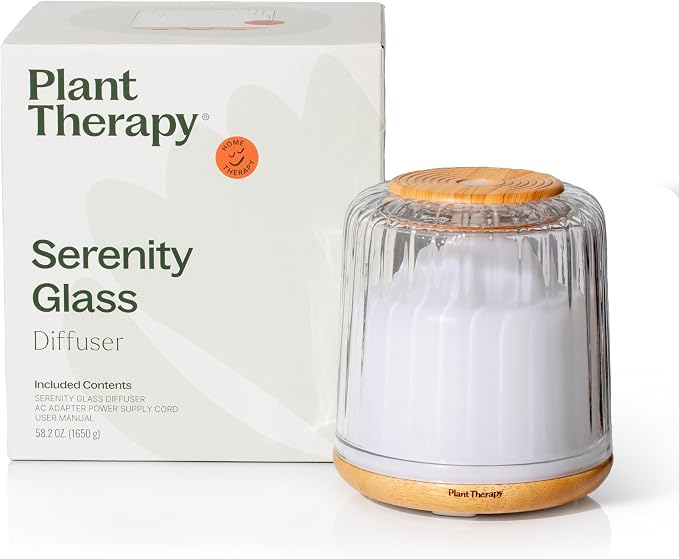 Plant Therapy Serenity Glass Diffuser, Elegant Glass Cover, Intermittent & Continuous Mist, Multiple Light Settings, Essential Oil Diffuser, 250 Square Feet Coverage