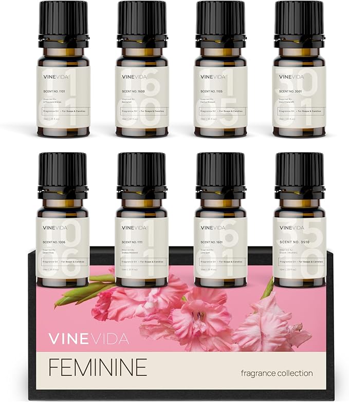 VINEVIDA [Set of 8] Feminine Scents for Candle Making, Made in USA Candle Fragrance Oil, Soap Making Essential Oils, Diffuser Oil Scents