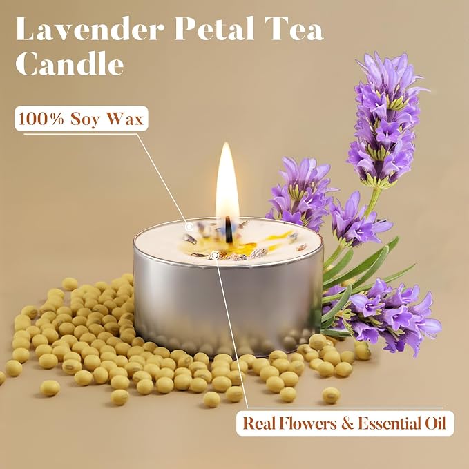 16 Pack Lavender Tealight Candles with Real Dried Petals, Natural Soy Wax, 6-Hour Burn Time for Home, Wedding, Bath Decor