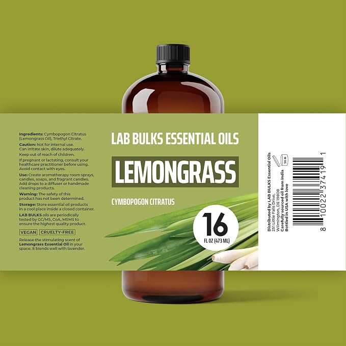 Lab Bulks Lemongrass Essential Oil 16 fl oz (Pack of 2) Bulk Essential Oil for Diffusers, Home Care, Aromatherapy and Candle Making