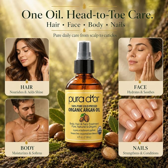 PURA D'OR USDA Organic Moroccan Argan Oil–100% Pure Cold-Pressed Virgin Grade–Treatment for Hair, Skin, Face, Body– Helps Dry Skin, Scalp Care, Split Ends, Nails & Cuticles 4 Oz - Hair Regrowth Tonic