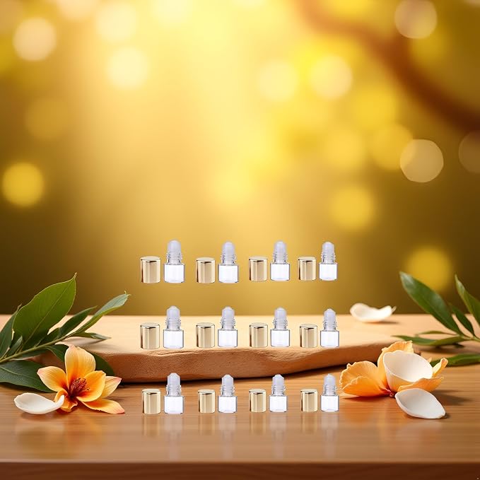 12Pcs Gold Glass Roll-on Bottles for Essential Oils,1ml,Mini Glass Roll on Bottles Roller Refillable Essential Oil Aromatherapy Sample Vials Roller Container,Refillable Cosmetic Roller Bottles