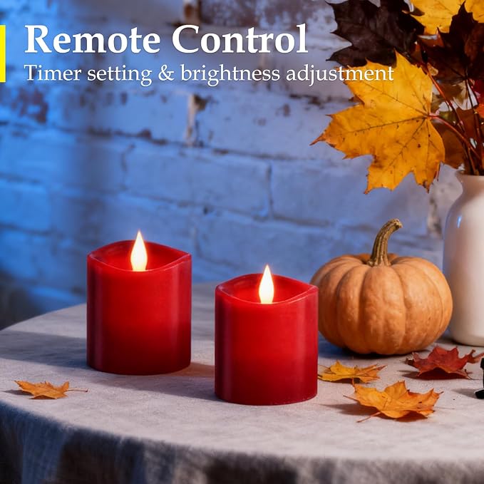 3" x 3" Red Flameless Candles - LED Pillar with Remote, Timer, Flickering, 600+ Hour Battery Life, Ideal for Christmas, Halloween, and Indoor Decor 3"*3"-3pcs
