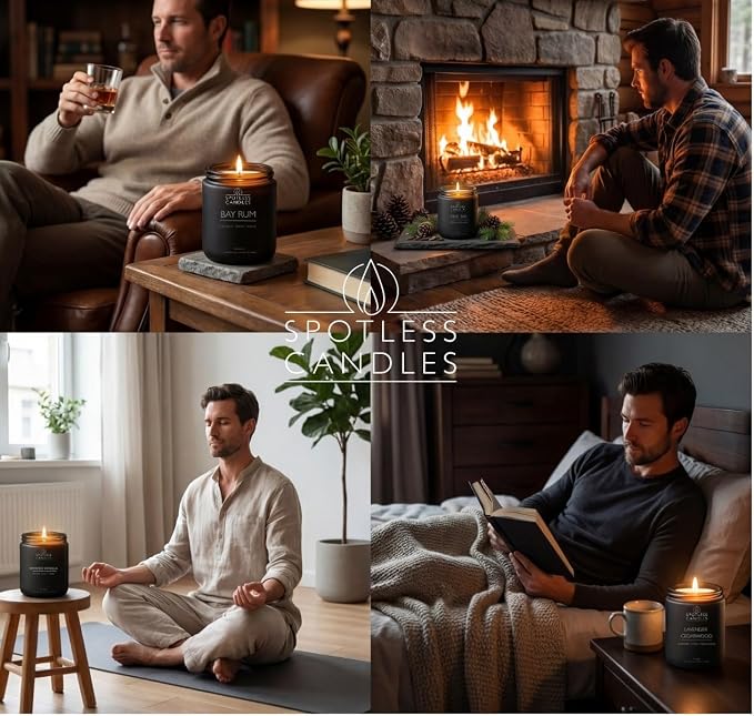 Men's Candle Gift Set; 4 x 8oz Scented Candles; Bay Rum, Pine Tar, Smoked Vanilla, Lavender Cedarwood; 200 Hours Burn Time; Matte Black Glass Jars; Premium Black Gift Box by Spotless Candles