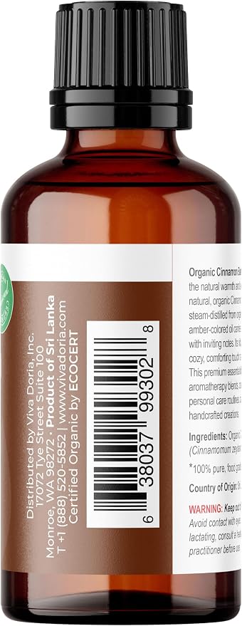 Viva Doria Cinnamon Bark Essential Oil, USDA Certified Organic Cinnamon Oil, 100% Pure, Natural Essential Oil, Undiluted, for Aromatherapy | Food Grade, 30 mL (1 Fluid Ounce)