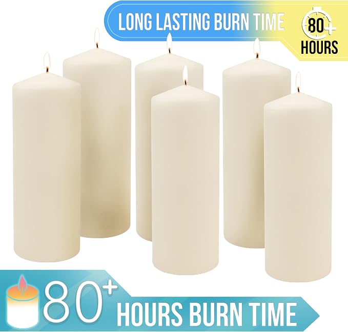 Stonebriar 80 Hour Long Burning Unscented Pillar Candles, 3x8, Ivory, 6 Count (Pack of 2)