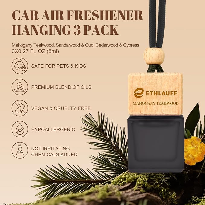 Car Air Freshener 3 Pcs, Cedarwood & Cypress, Sandalwood & Oud, Teakwood Mahogany