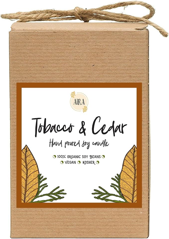Aira Soy Candles - Organic, Kosher, Vegan, in Mason Jar w/Therapeutic Grade Essential Oil Blends - Hand-Poured 100% Soy Candle Wax - Paraffin Free, Burns 110+ Hours - Tobacco & Cedar - 16 Ounces