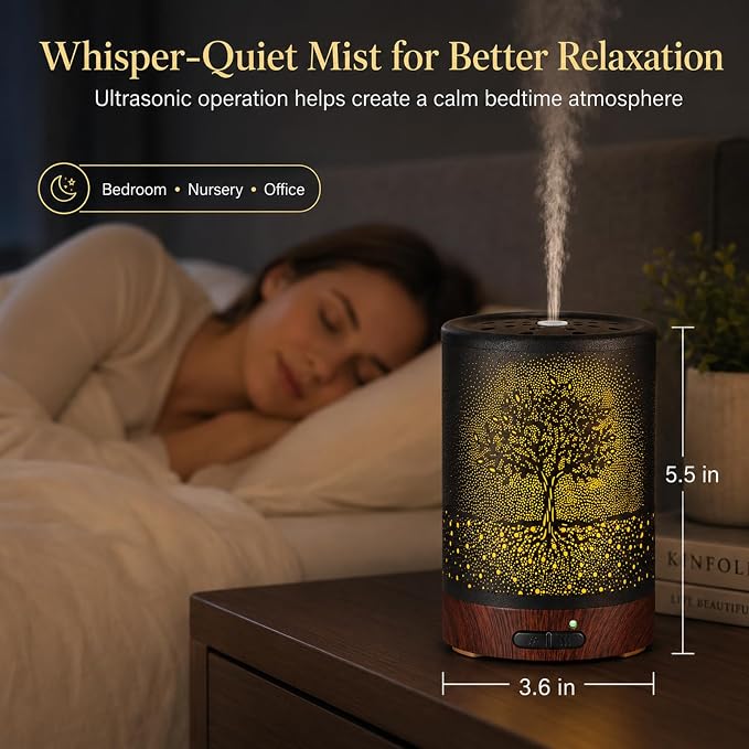 Essential Oil Diffuser- Aromatherapy Diffuser with7 Colors Light and Auto-Off for Women Metal Cool Mist Humidifier for Home and Office for Mom Women(Tree)