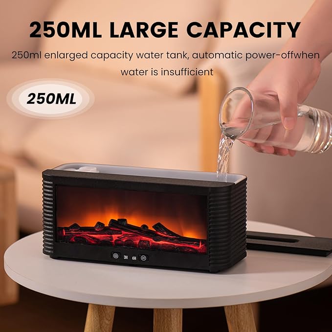 Flame Essential Oil Diffuser, 250ml Aromatherapy Humidifier with 9-Color Fireplace Light, Ultra-Quiet Cool Mist Maker, Remote, Timer, Auto-Off for Home, Office, Bedroom, Gift (Black)