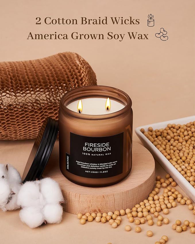 M&SENSE Fireside Bourbon Candles Home Scented, Non Toxic Soy Wax 11.6oz 70 Hours Long Clean Burning, 2 Wick Campfire Candle Cozy Winter Home Decor, Housewarming Gifts for Women Men