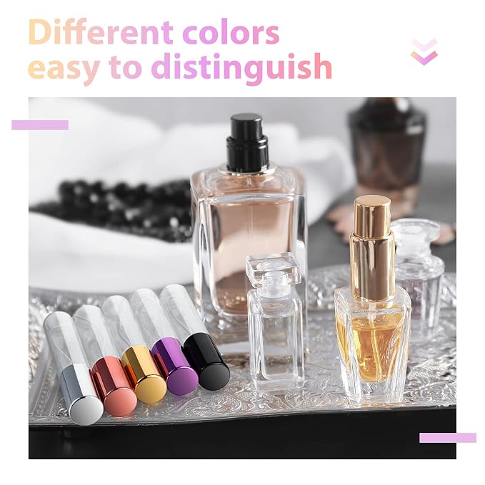 Yinder 25 Pcs 10ml Travel Spray Bottle Refillable Perfume Atomizer Bulk Glass Mini Cologne Perfume Bottles Empty Fine Mist Portable Small Sample Containers(Black, Red, Purple, Gold, Silver)
