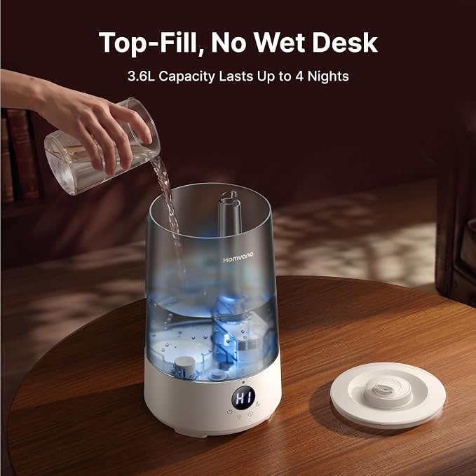 Homvana 3.6L Top-Fill Cool Mist Humidifiers for Bedroom, Large Room & Plants, 23dB Ultra-Quiet, Easy-to-Clean 2-in-1 Baby Humidifier & Oil Diffuser for Congestion Relief, Lasts Up to 4 Nights (Grey)