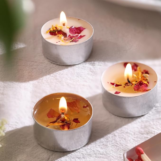 8 Pcs Rose Scented Tealight Candles, 6H Long Burning - 100% Palm Wax Based Scented Tea Lights with Dried Flowers, Non-Toxic/Smokeless Tea Lights Candles for Spa, Bath, Wedding