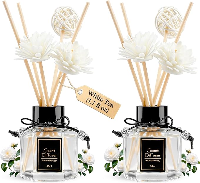 TonJin 2PCS White Tea Reed Diffuser Set 1.7 fl oz with 6 Scent Sticks, Clean & Crisp Home Fragrance, Natural Air Freshener for Living Room, Bathroom & Kitchen | Non-Toxic Essential Oil Sticks