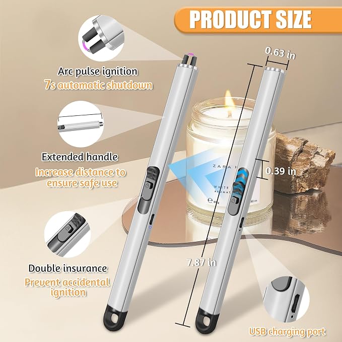 2 Pack Electric Candle Lighters, USB Rechargeable Lighter with Windproof Flameless & Extended Handle, Suitable for Candles, BBQ, Camping, Gas Stove, Festivals Gift (Sliver, 2 Packs-B)