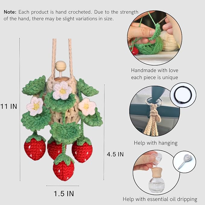 ROFIGL Handmade Crochet Hanging Car Air Freshener - Cute Strawberry Plant Design, 12ml Refillable Thick Glass Bottle, Car Diffuser for Rearview Mirror, Home & Office Decor