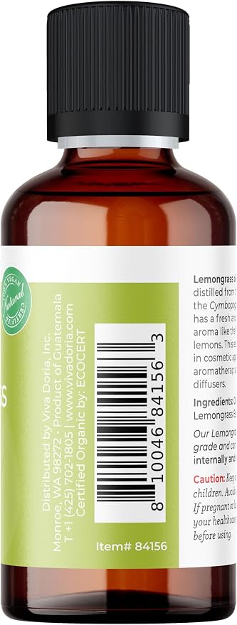Viva Doria Lemongrass Essential Oil, USDA Certified, Organic Lemongrass Oil, 100% Pure, Natural Essential Oil, Undiluted, for Aromatherapy | Food Grade, 30 mL (1 Fluid Ounce)