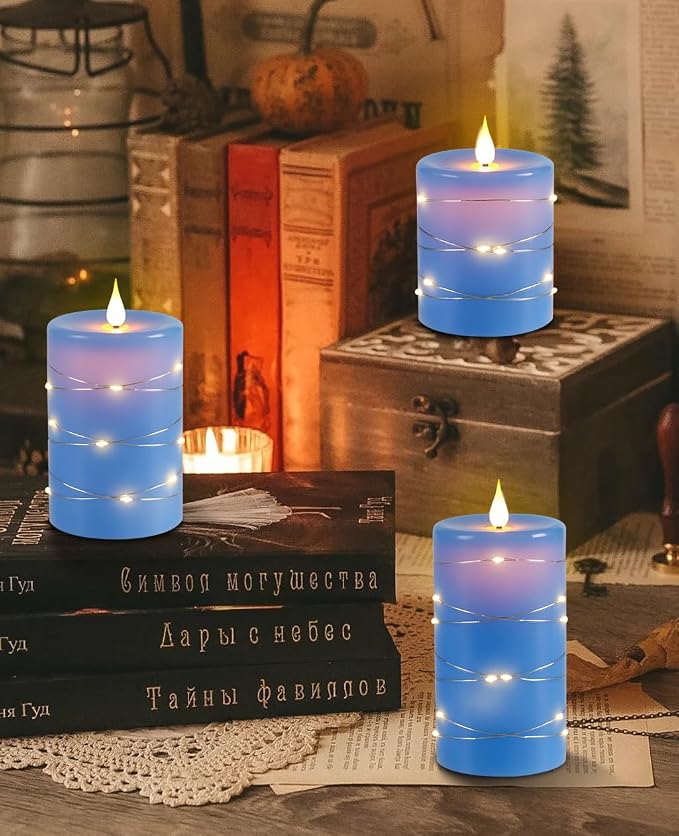 Upinmz Flickering Flameless Candles with Embedded String Lights, Battery Operated Candles with Remote Control and Timer,LED Candles for Home Decoration,Real Wax, 3 Pack Blue