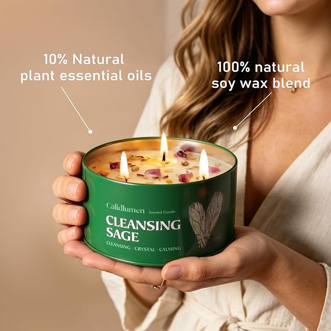 Sage Candle for Cleansing - 3 Wick 24 oz 2PC Soy Candle with Crystal and White Sage Crumbles, Organic Sage Candles Cleansing House Negative Energy