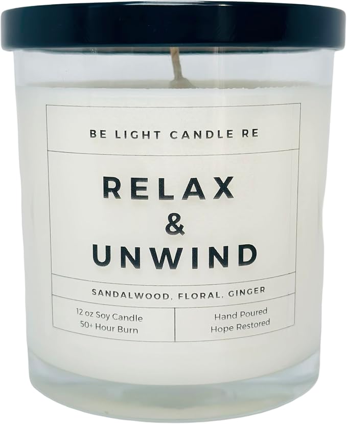Sandalwood Candles | Purpose-Driven Soy Scented | Fragrance for Home | 8oz Long Lasting Scented | Non-Toxic | Aromatherapy | Gifts for Women | Be Light Candle RE (Relax & Unwind)