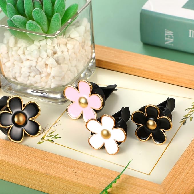 Frienda 6 Pcs Daisy Flower Air Vent Clip Accessories Air Conditioning Outlet Clip Car Air Freshener Dashboard Accessories Charm Car Inter Decor(3 cm, 3.3 cm,Black, Pink, White)