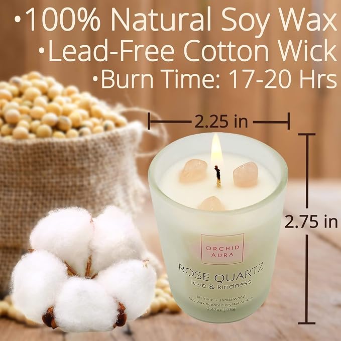 Soy Candles with Healing Crystals. Citrine, Rose Quartz, Amethyst Crystal. Eucalyptus + Lemongrass, Jasmine + Sandalwood, Clary Sage + Lavender. 3PC Scented Crystal Candle Set, 2.47oz Each