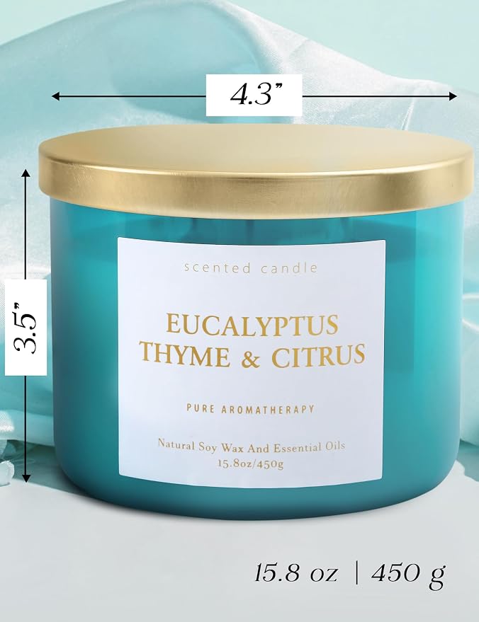 Eucalyptus Thyme Citrus Candle | 3-Wick Large Scented Soy Candle 15.8 oz | Aromatherapy Stress Relief Candles | Relaxing Herbal Spa Scent | Long Lasting Clean Burn