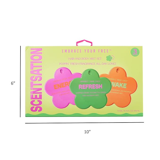 EXPRESSIONS 3pc Hair and Body Mist Set – Scentsation Refreshing Fragrance Spray Kit for Teens & Women – Energy, Awake, & Refresh Scents – Long-Lasting Flower-Shaped Body Sprays – 10.14 Fl Oz Total