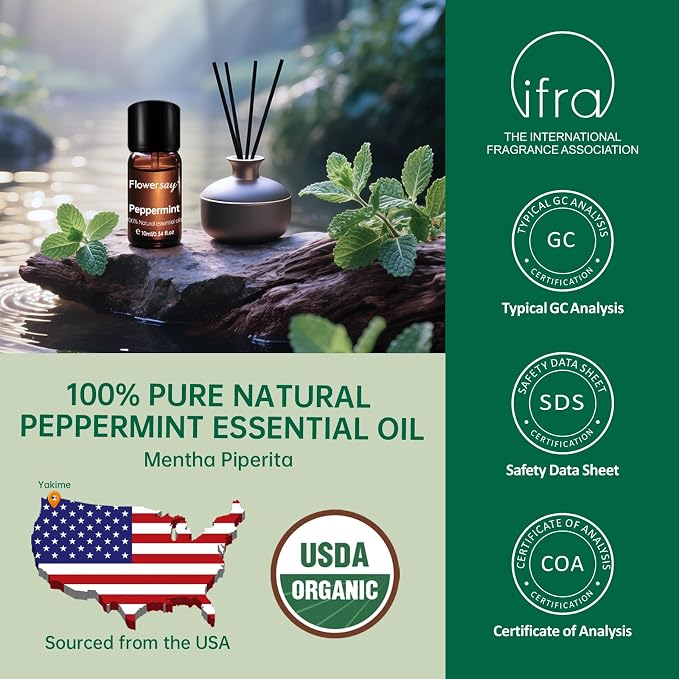 100% Pure Peppermint Essential Oil – Cooling Mint Aroma for Diffuser, Hair & Skin,Natural Mint Oil for Face, Body & Self-Care,0.34 Fl Oz for Aromatherapy & DIY Candles,USDA Certified Organic