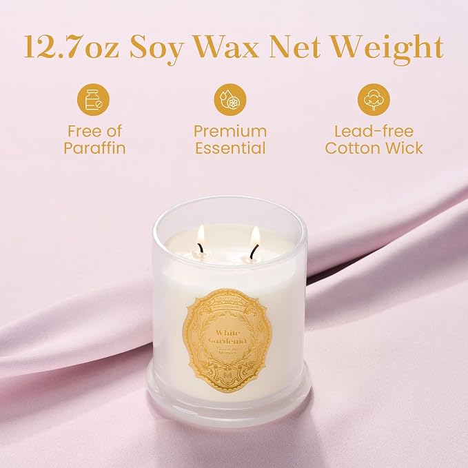 M&SENSE White Gardenia Candles for Home Scented, 2 Wick 12.7oz Soy Wax Candles 70 Hours Long Burning, Non Toxic Candles Gift for Stress Relief, Meditation, Yoga