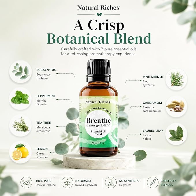 Natural Riches Breathe Essential Oil Blend Breathe Easy with Peppermint Eucalyptus Tea Tree Lemon Cardamom Pine Needle Essential Oils - 30 ml