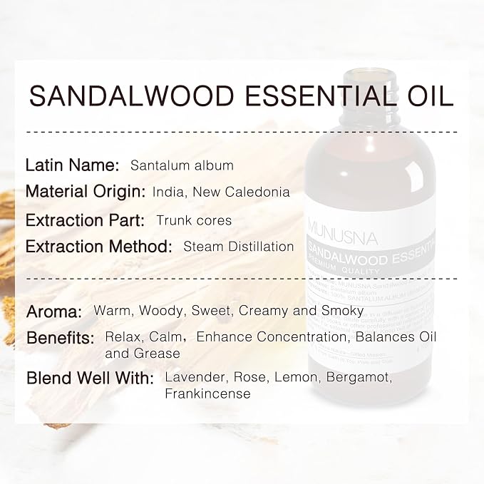 Sandalwood Essential Oil 100ML, 100% Pure Natural Sandalwood Oil Premium Grade Aromatherapy Oil for Diffuser, Skincare, Hair Body Care, Massage, Yoga, Home, Soap and Candle Making