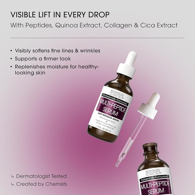 Advanced Clinicals Multi Peptides Serum For Face | Visible Anti Aging Hydrating Collagen Peptide Facial Serum With Vitamin E Helps Improve Look Of Wrinkles, Puffiness, & Uneven Skin Tone, 2-Pack